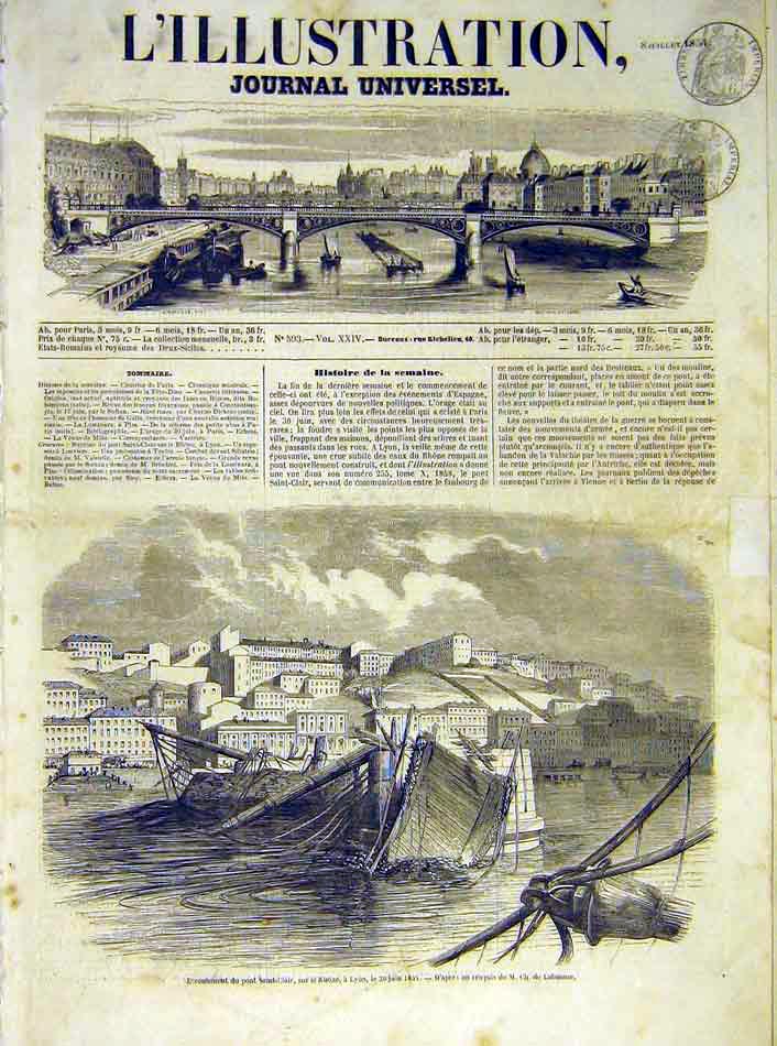Original Old Antique Print Saint-Clair Rhone Lyon River French 1854 Victorian