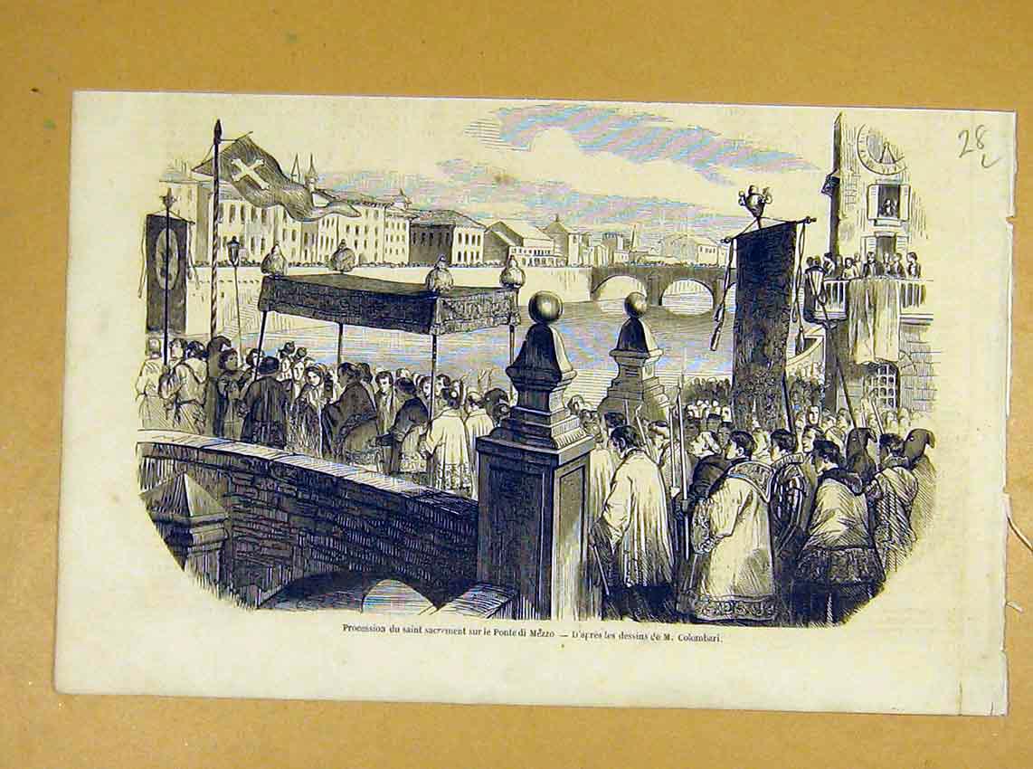 Original Old Antique Print Mezzo Bridge Procession Sacrement Religious 1854
