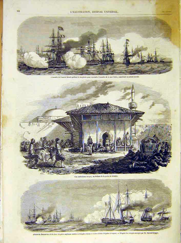 Original Old Antique Print Squadron Navy Bruat Bosphore Ambulance Descartes 1854