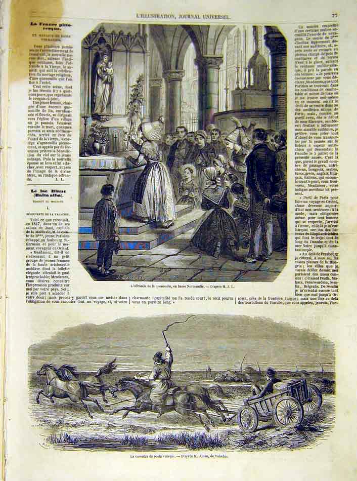 Original Old Antique Print Offering Religious Normandy Post Mail French 1854
