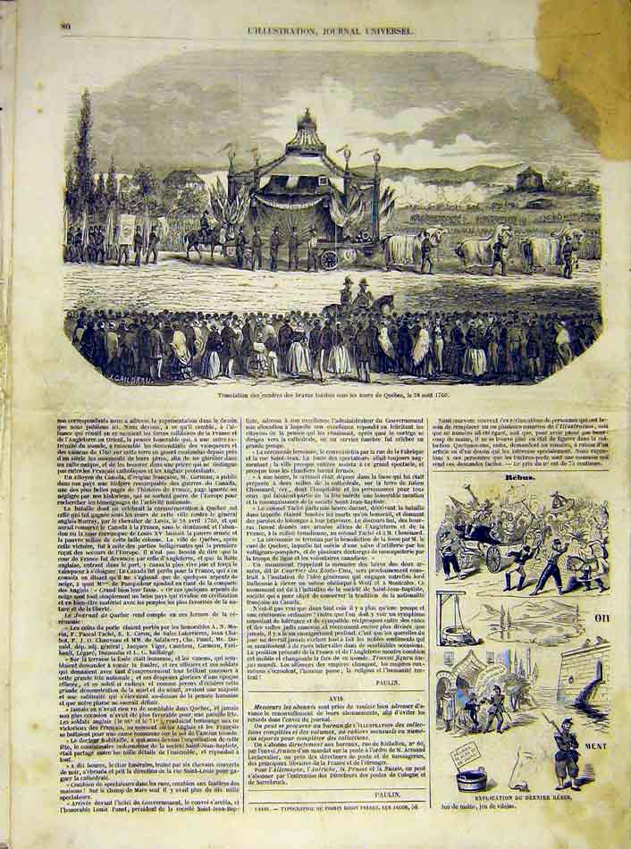 Original Old Antique Print Quebec Canada Tomb French 1854 19th Century