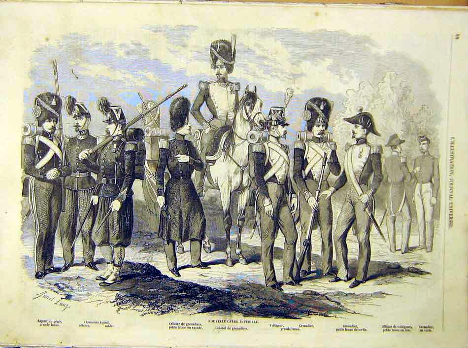 Original Old Antique Print Imperial Guards Ciers Troops Uniforms 1854 Victorian