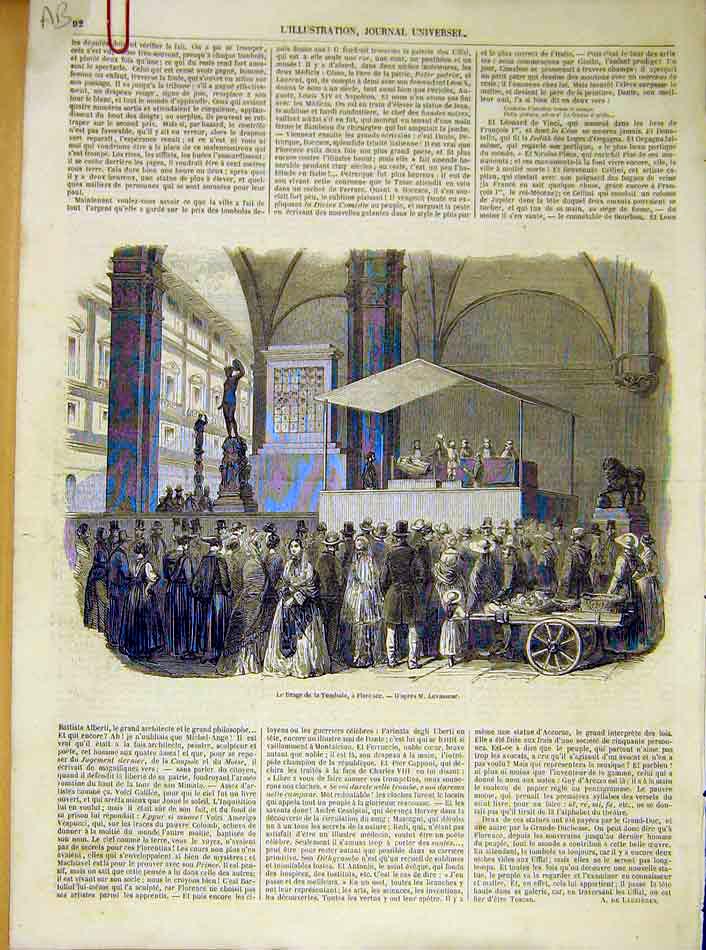 Original Old Antique Print Tombola Prize Florence Italy Massez Paris 1854 19th