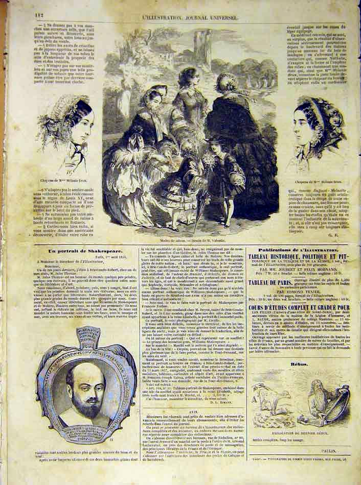 Old Antique Print Fashion Ladies Hat Brun France French 1854 Shakespeare 19th