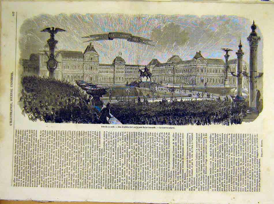 Original Old Antique Print Concorde Bridge Louvre Building Paris French 1854