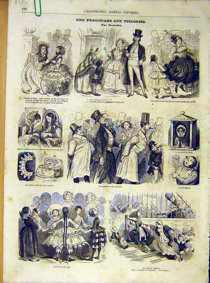 Original Old Antique Print Tuileries Comic Sketches Marcelin French 1854 19th