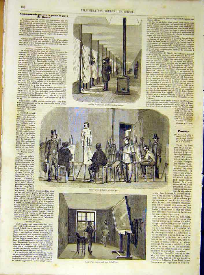 Original Old Antique Print Artist Life-Drawing Nude Loge Academy French 1854