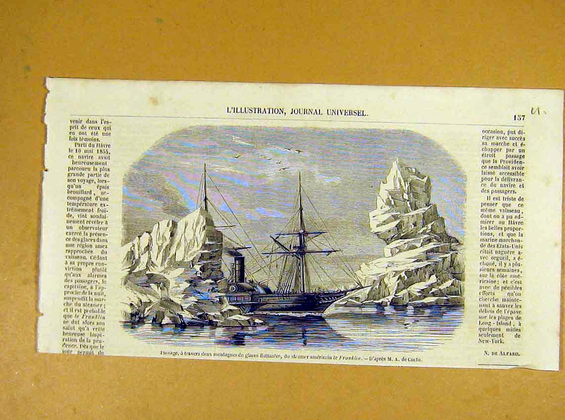 Original Old Antique Print Icebergs Franklin American Steamer French 1854 19th