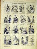 Original Old Antique Print Cousin Promenade Walk Sketches French 1854 Victorian