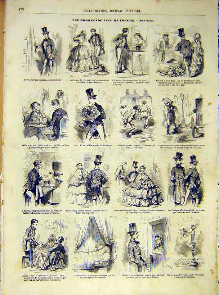 Original Old Antique Print Cousin Promenade Walk Sketches French 1854 Victorian