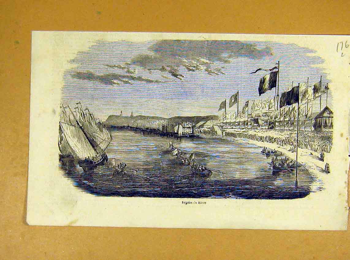 Original Old Antique Print Regatta Havre Boat Race Sailing French 1854 19th