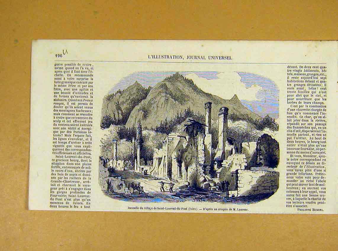 Original Old Antique Print Fire Village Saint-Laurent-Du-Pont Isere 1854 19th
