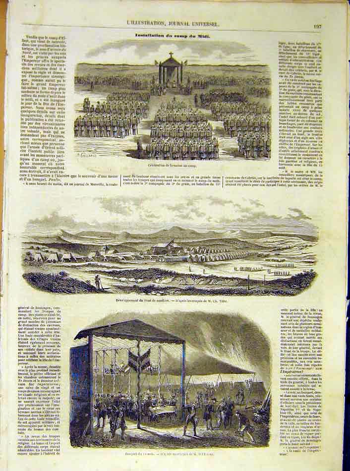 Original Old Antique Print Midi Banquet Mass Religious Troops French 1854 19th