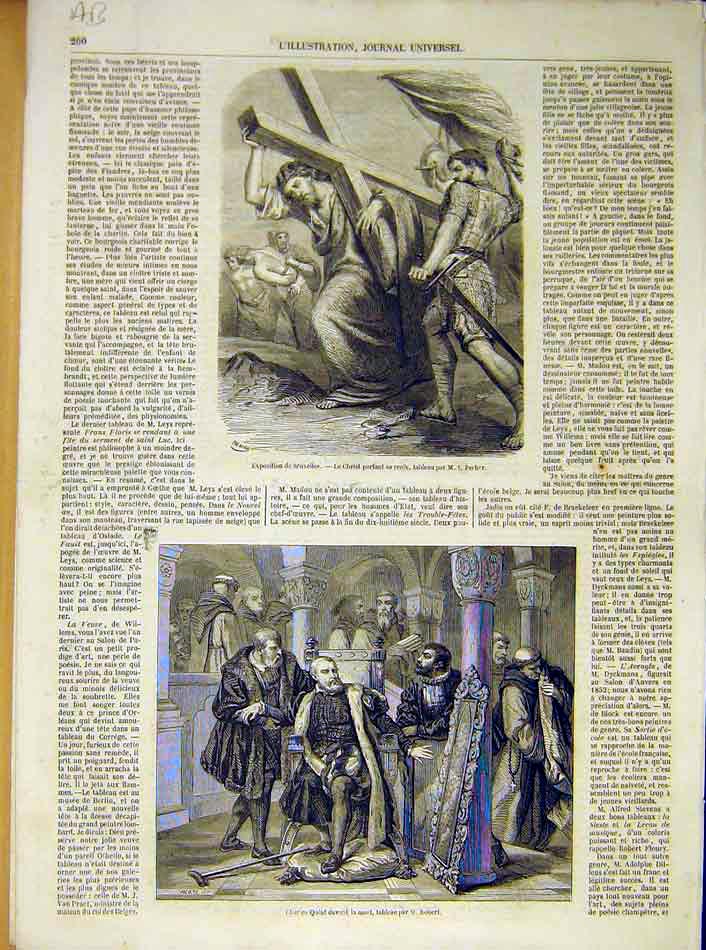 Original Old Antique Print Christ Cross Pecher Brussels Exhibition Gallait 1854