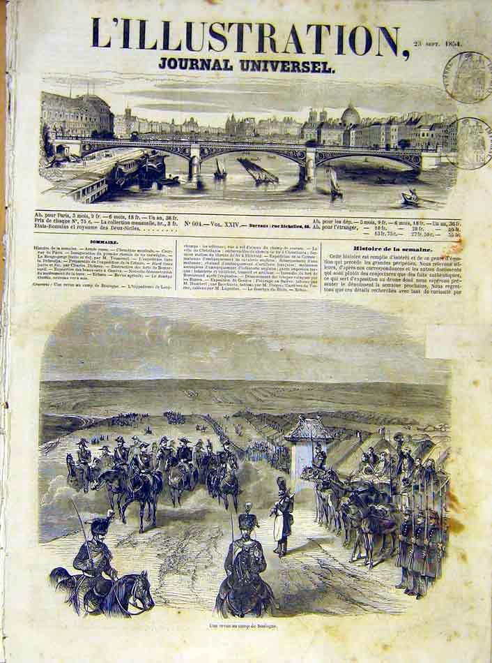 Original Old Antique Print Boulogne Camp Review Military French 1854 Victorian