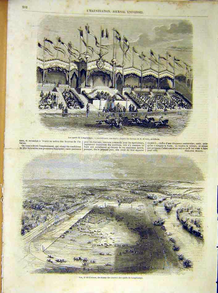 Original Old Antique Print Longchamps Sport Horse-Races Course French 1854 19th
