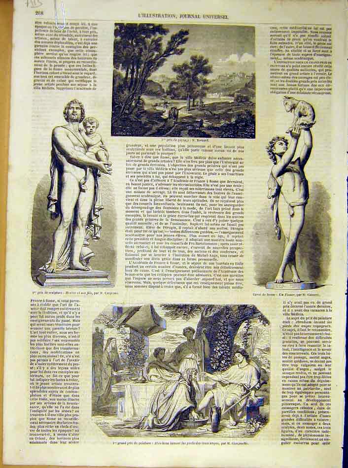 Original Old Antique Print Staue Faune Gumery Sculpture Fine Art French 1854