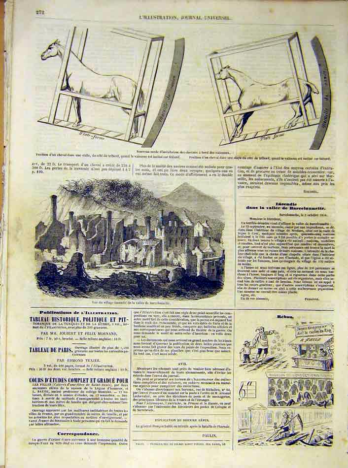 Original Old Antique Print Horse Platform Ship Village Barcelona 1854 Victorian
