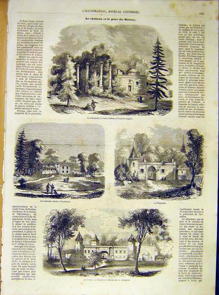 Original Old Antique Print Dcastley Rainey Garden Telegraph Farm French 1854