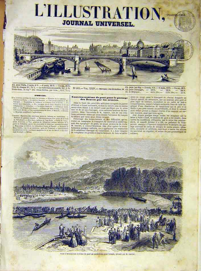 Original Old Antique Print Army Bridge Pontoon Janvier Inventor French 1854 19th
