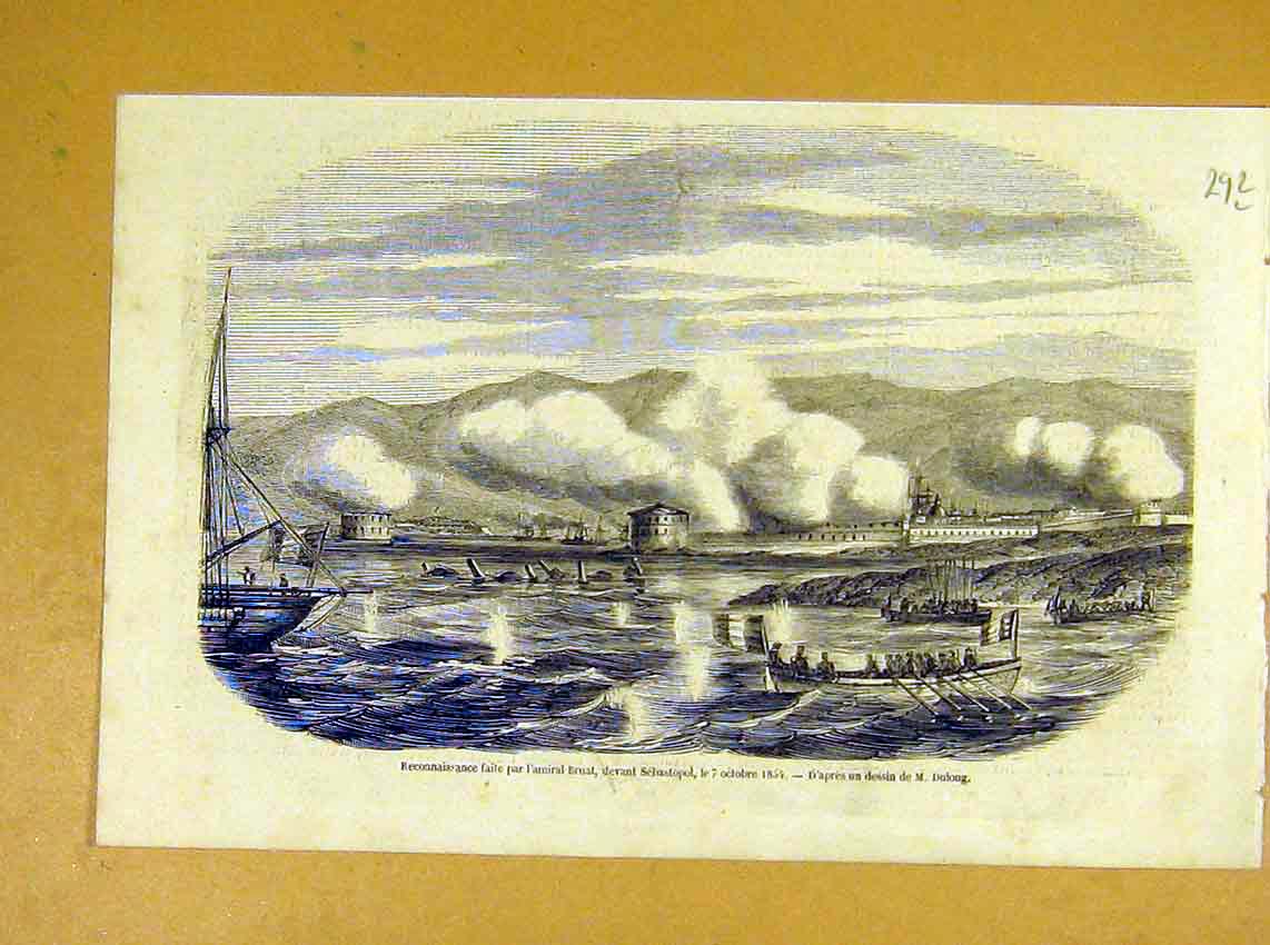 Original Old Antique Print Sebastopol Bruat Reconnaissance French 1854 19th