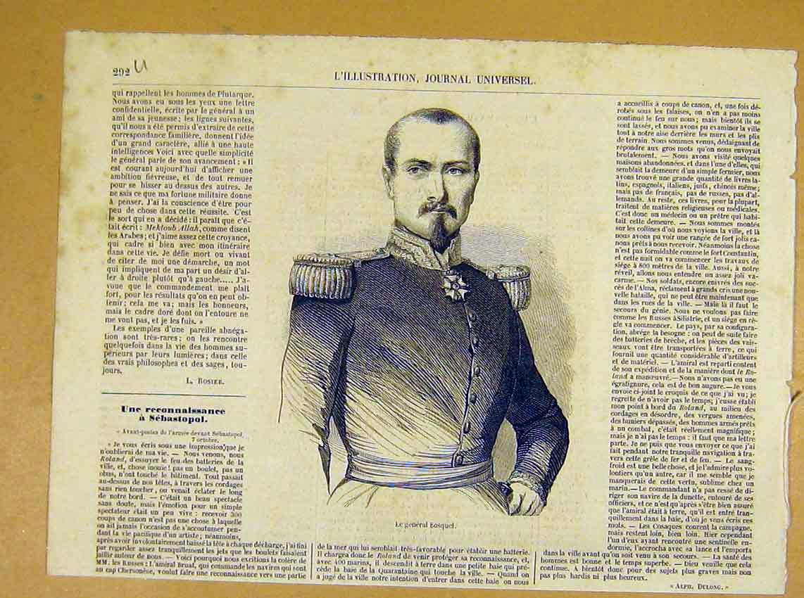 Original Old Antique Print Portrait General Bosquet Military French 1854 19th