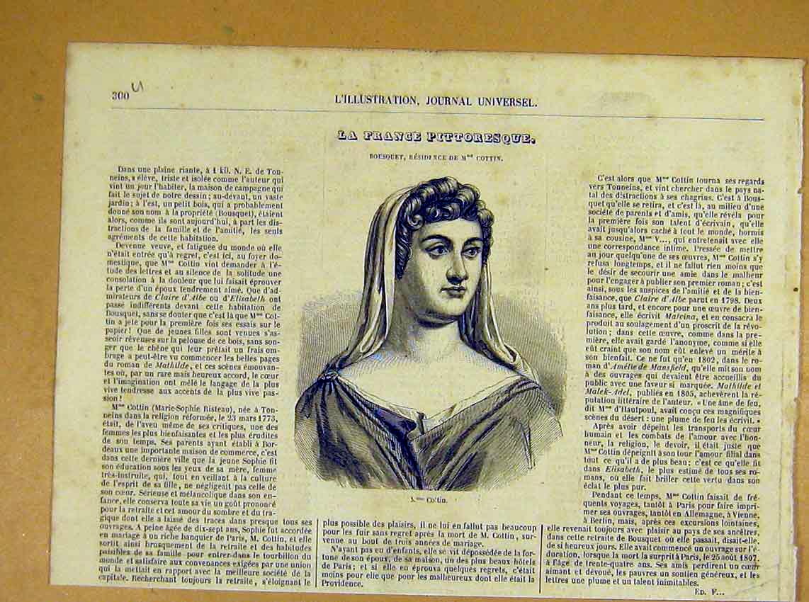 Original Old Antique Print Portrait Cottin Madamoiselle French 1854 Victorian