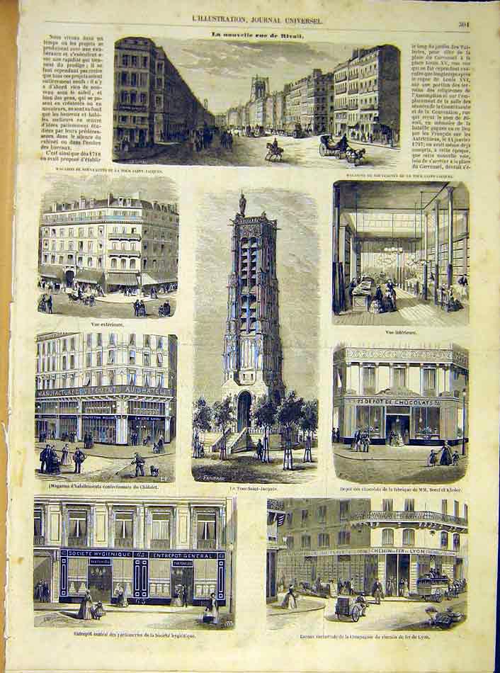 Original Old Antique Print Rivoli Paris France Buildings French 1854 Victorian