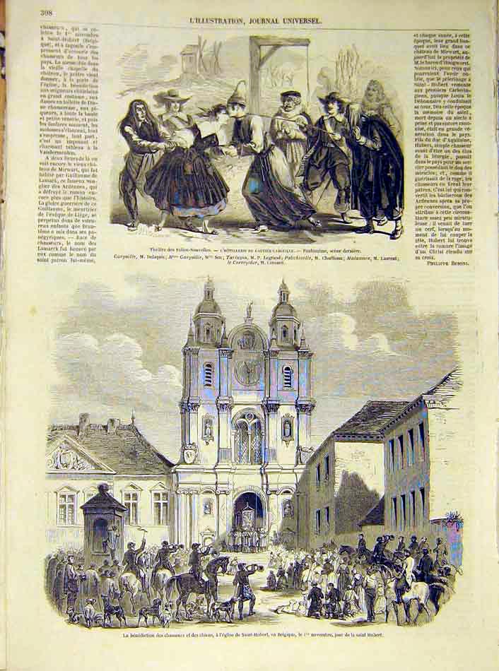 Original Old Antique Print Theatre Pantomime Chasseurs Dogs Belgium Hubert 1854