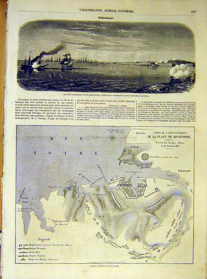 Original Old Antique Print Constantin Quarantaine Sebastopol Map Dulong 1854