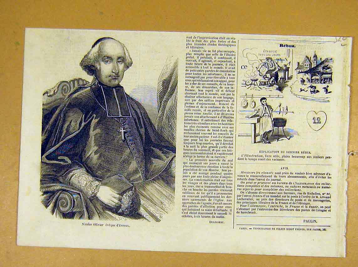 Original Old Antique Print Portrait Olivier Bishop Evreux French 1854 Victorian