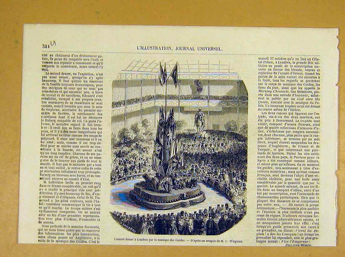 Original Old Antique Print Concert London Music Guides French 1854 Victorian