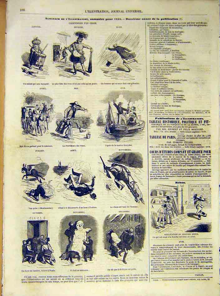 Original Old Antique Print Sketches Months Calendar Year Cham French 1854 19th