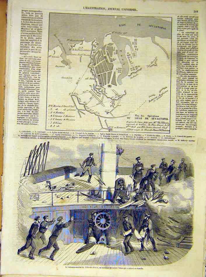 Original Old Antique Print Map Siege Sebastopol Ville-De-Paris Ship 1854 19th
