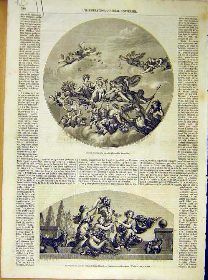 Original Old Antique Print Apollon Versailles Fine Art Mignard Science 1854