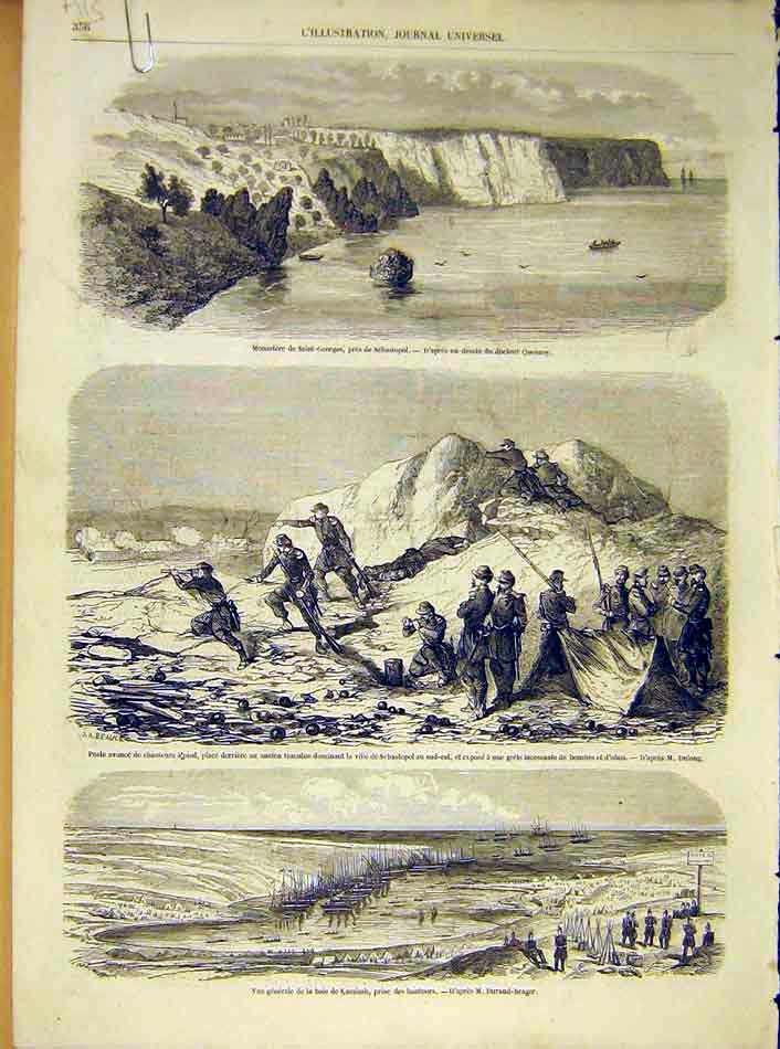Original Old Antique Print Monastery Sebastopol Kamiesh 1854 Ambulance 19th