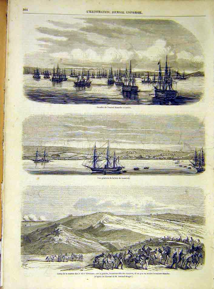 Original Old Antique Print Katcha Squadron Navy Hamelin Kamiesh Zouaves 1854