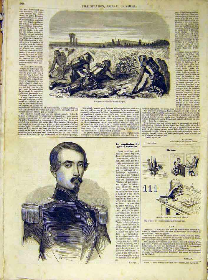 Original Old Antique Print Infantry Turkish Captain Schmitz Portrait 1854 19th