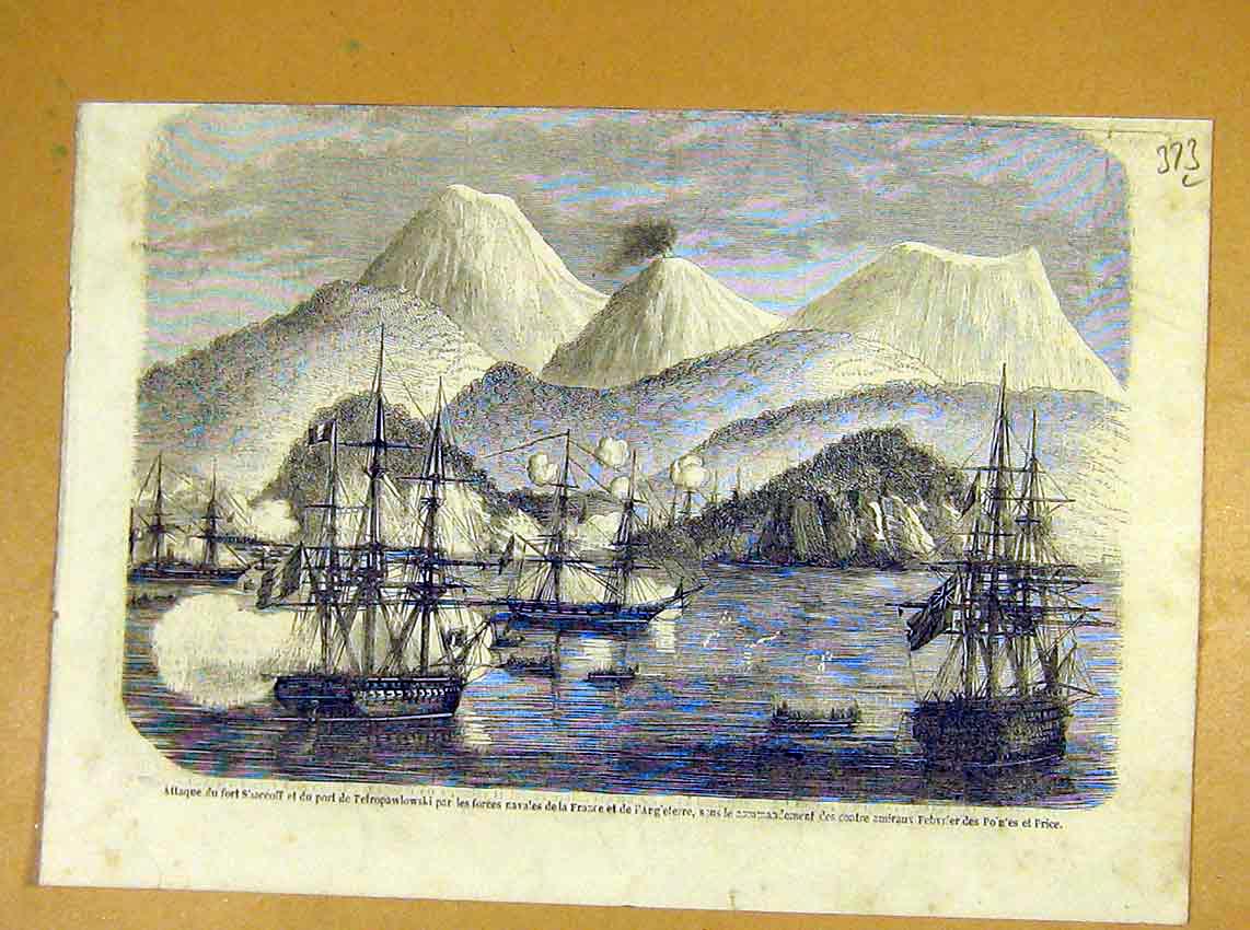 Original Old Antique Print Shaccoff Attack Petropaulowski French Navy 1854 19th