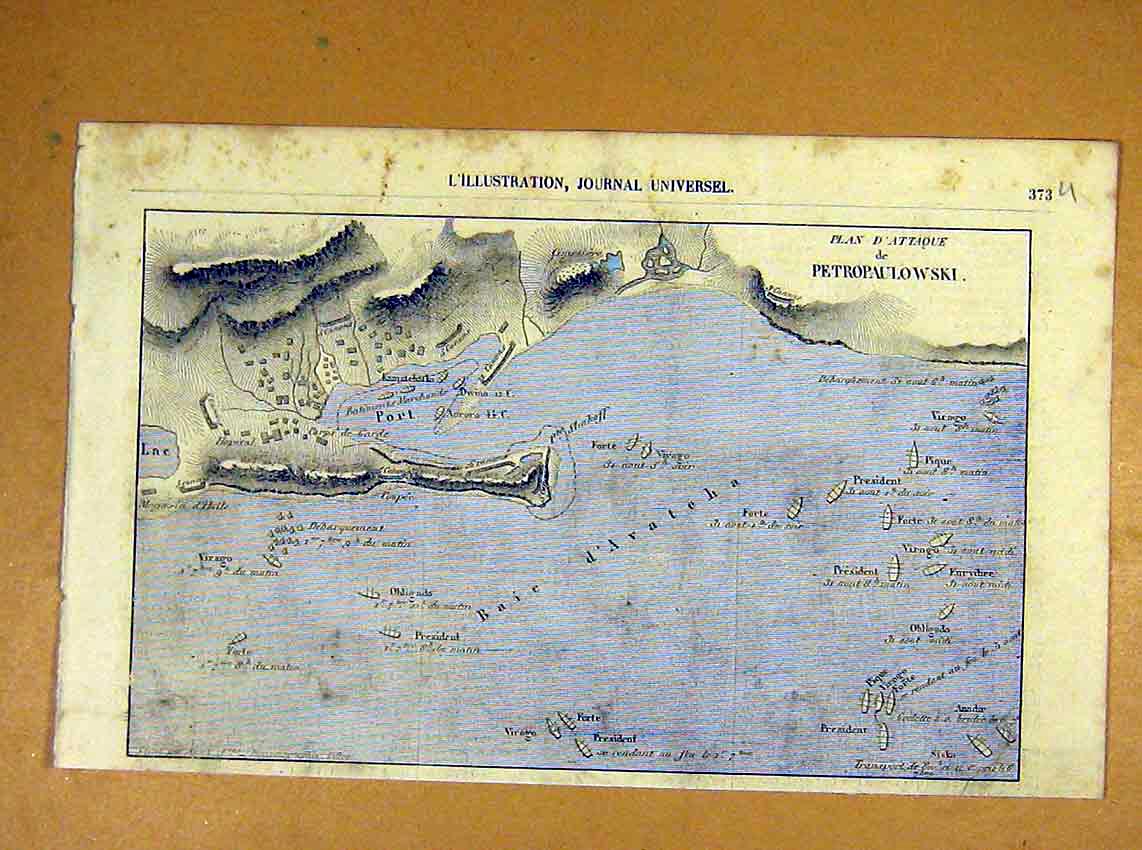 Original Old Antique Print Map Petropaulowskiplan Attack French 1854 Victorian