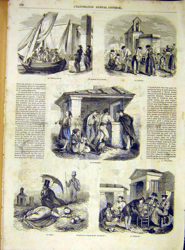 Original Old Antique Print Restaurant Fountain Livourne Levasseur 1854 Victorian
