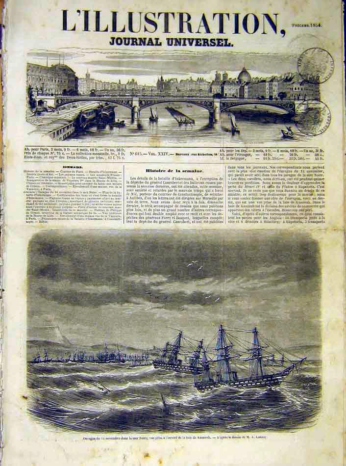 Original Old Antique Print Ouragan Ships Black-Sea Kamiesh French 1854 Victorian