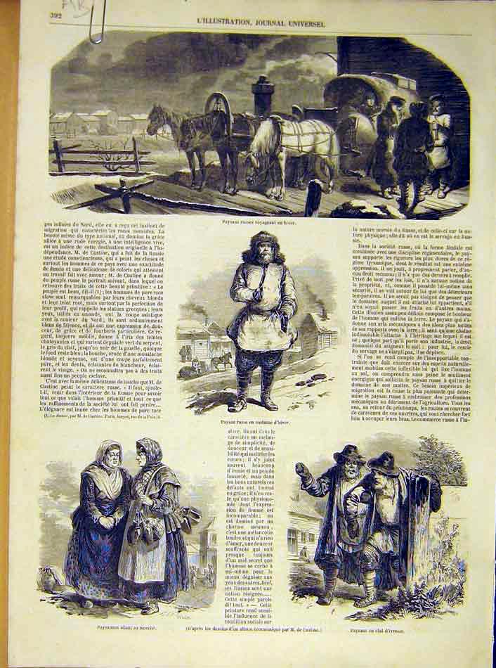 Original Old Antique Print Peasants Russian Winter Invalids French 1854 19th