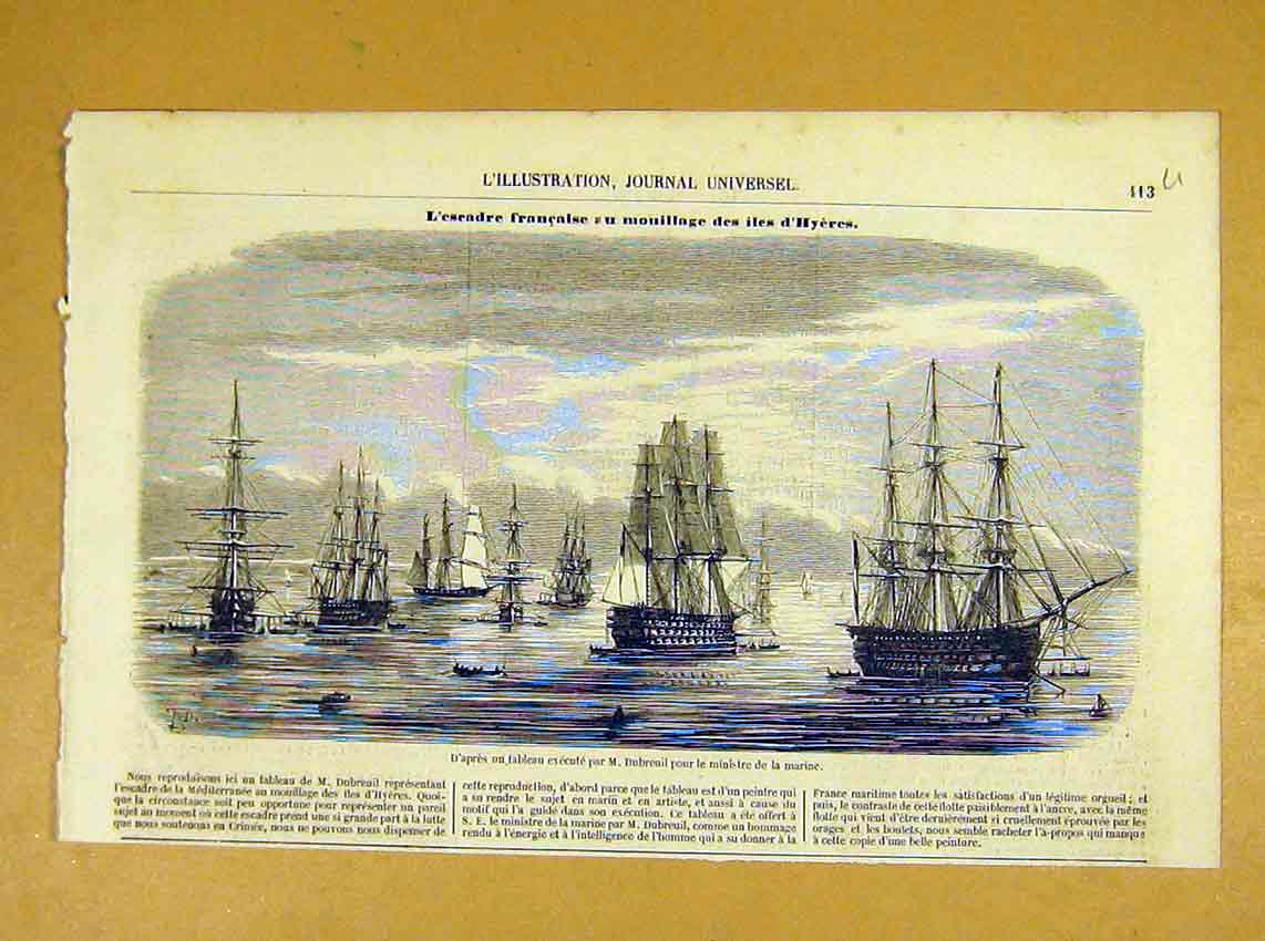 Original Old Antique Print Ministry Marine Navy Ships Dubreuil French 1854 19th