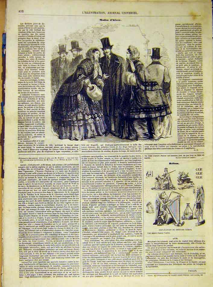 Original Old Antique Print Winter Ladies Fashion Paris French 1854 France 19th