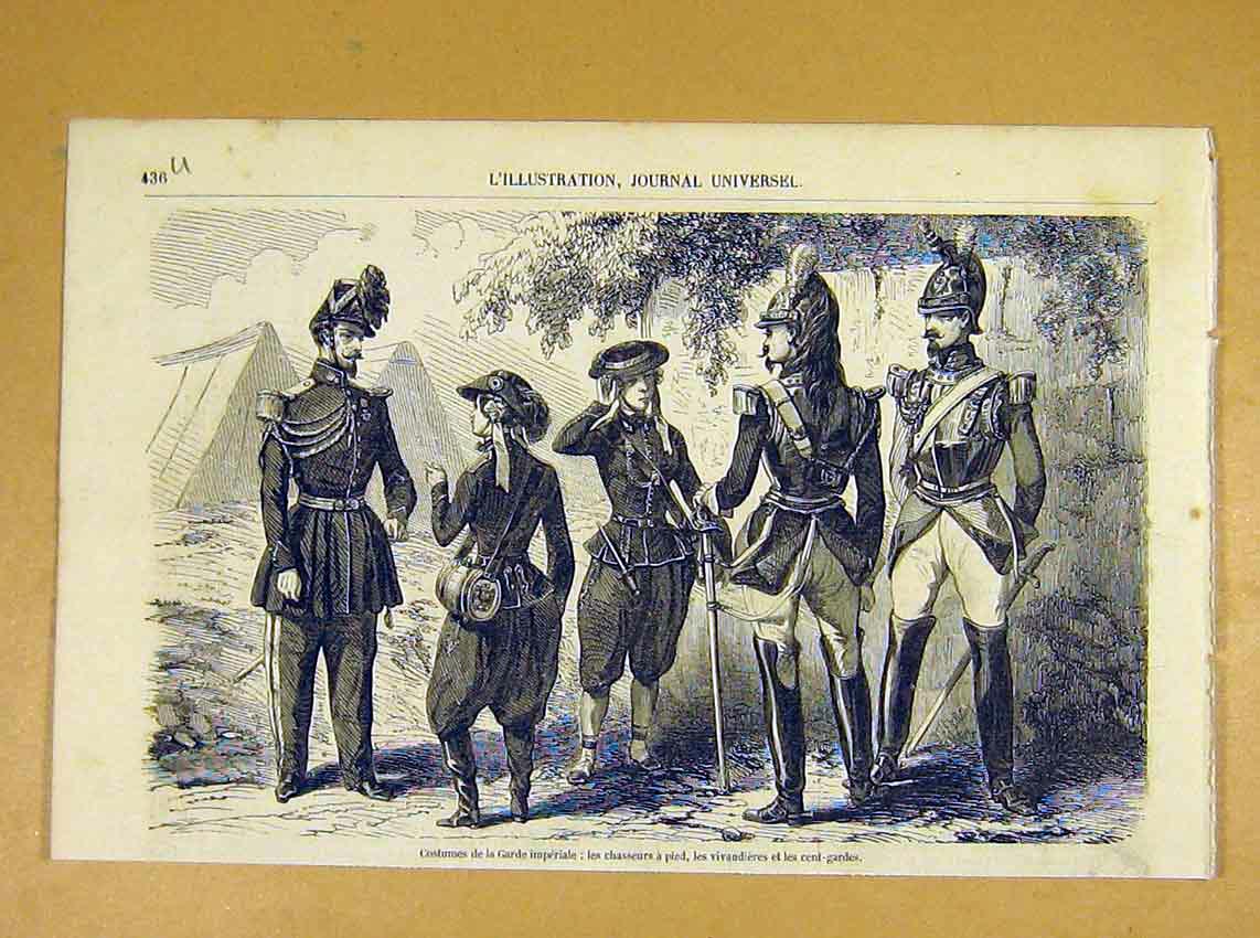 Original Old Antique Print Costumes Uniform Imperial Guard Chasseurs 1854 19th