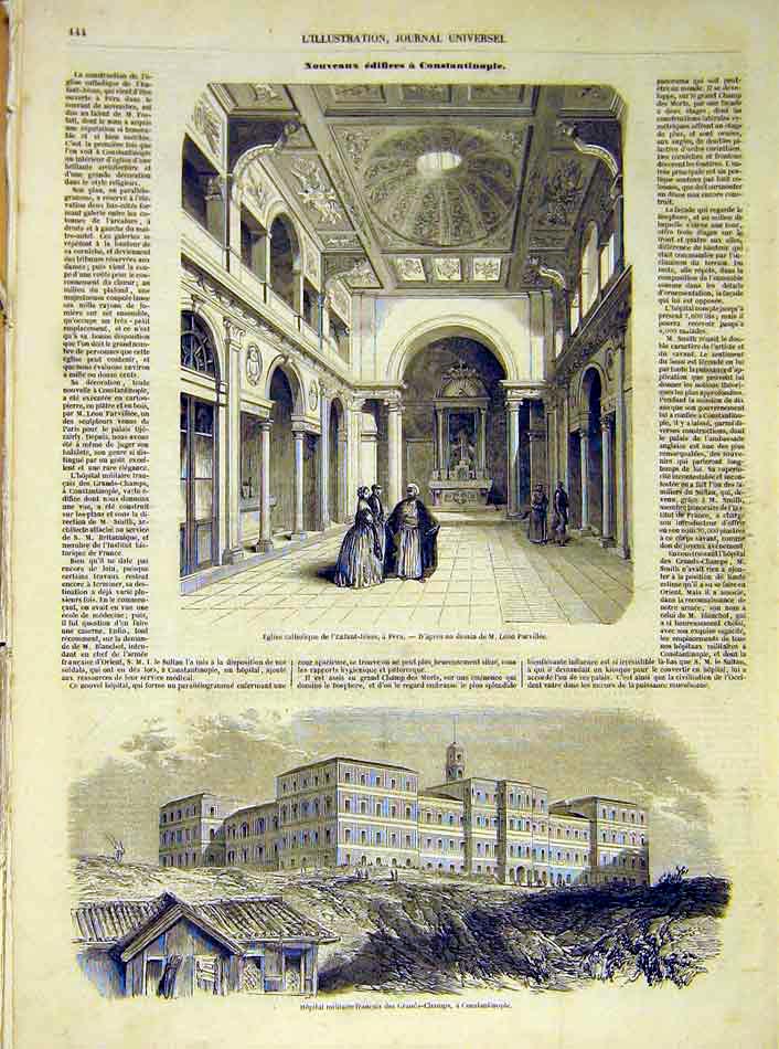 Original Old Antique Print Church Pera Hospital Military Constantinople 1854