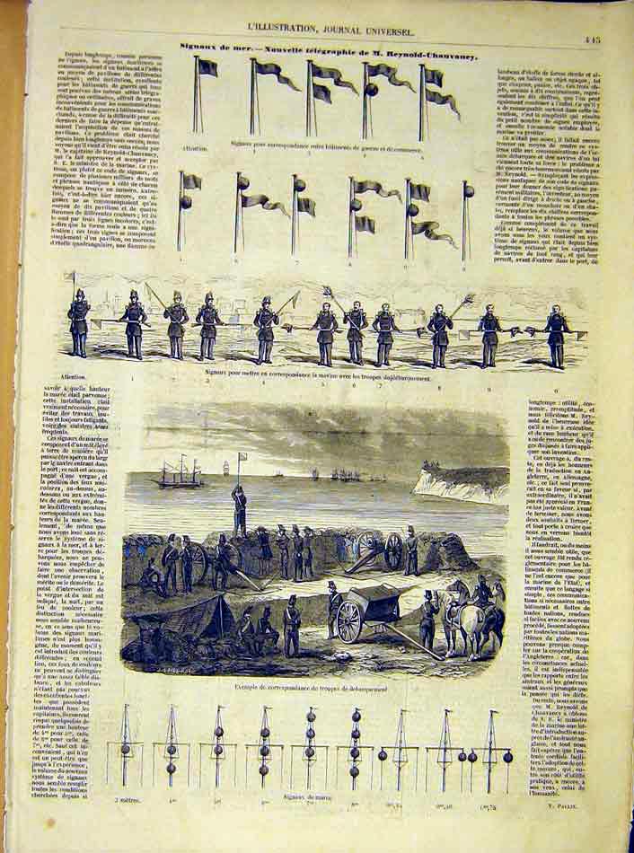 Original Old Antique Print Signal Sea Reyn-Chauvaney Naval Navy Troops 1854 19th