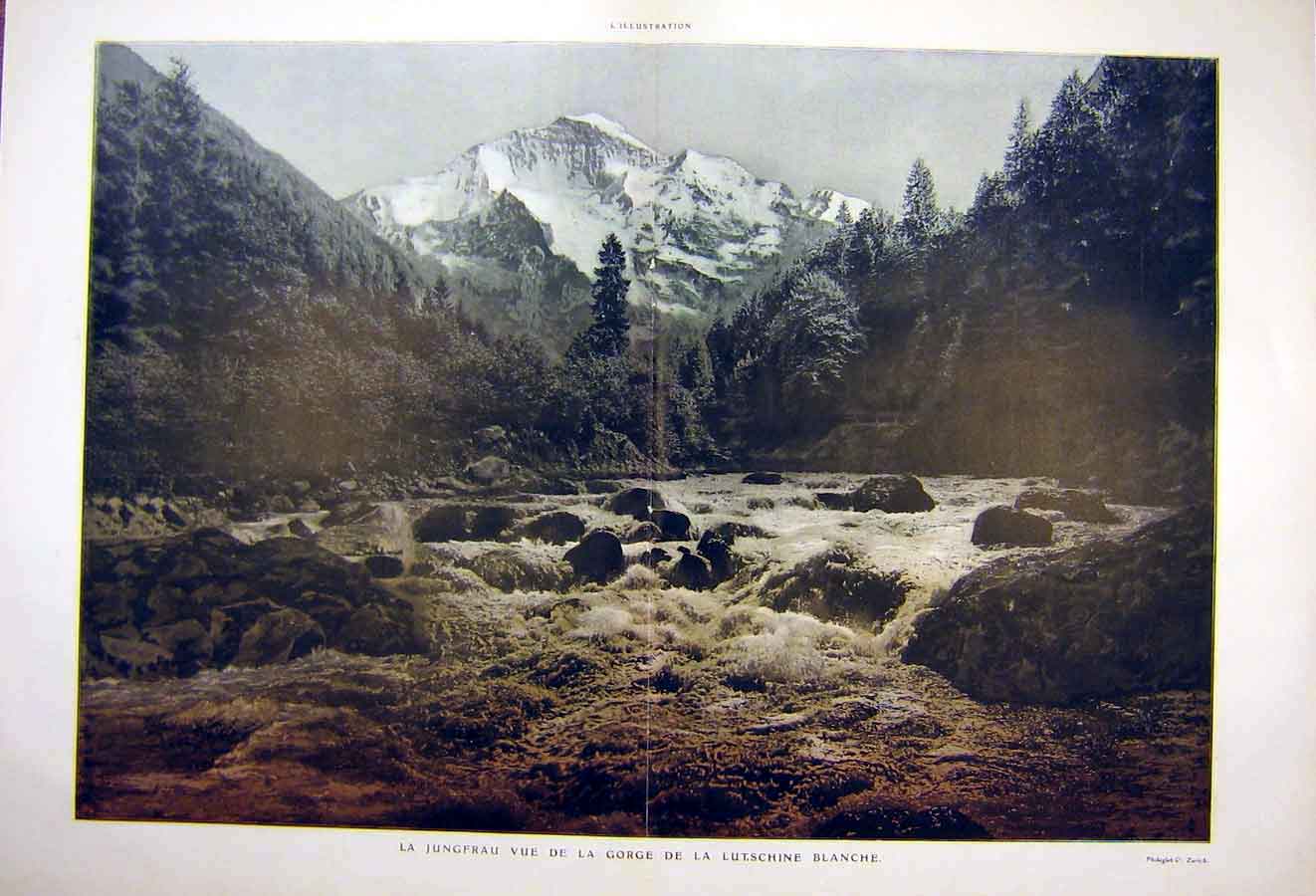 Old Antique Print Lutschine Jungfrau Aletsch Lauterbrunnen Mountain 1904 20th