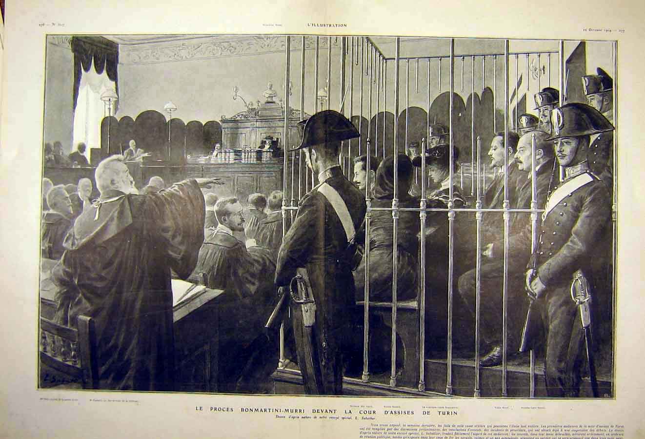 Original Old Antique Print Trial Bonmartini-Murri Assises Turin French 1904